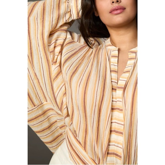 Anthropologie 💛 Balloon Sleeve Cropped Striped Tie Blouse 💛 NWT - Picture 2 of 12